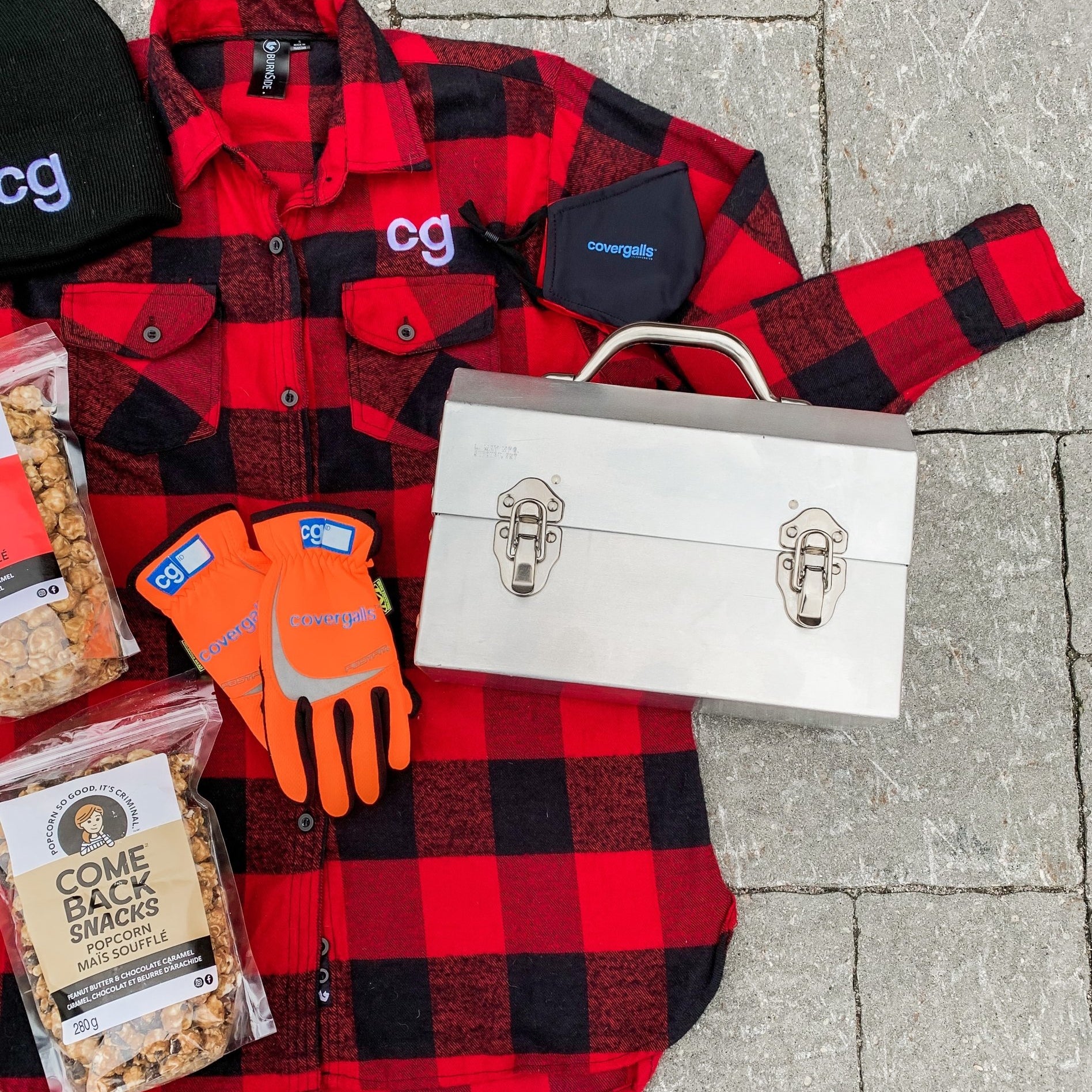 covergalls flannel t shirt and an L. May metal lunchbox with come back snacks