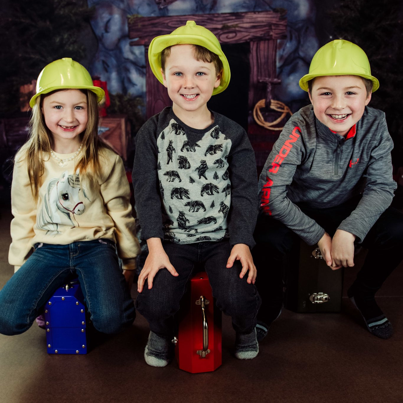 kids in a miner photoshoot campaign carrying an L. May metal lunchbox powder coated in purple, red and bronze 