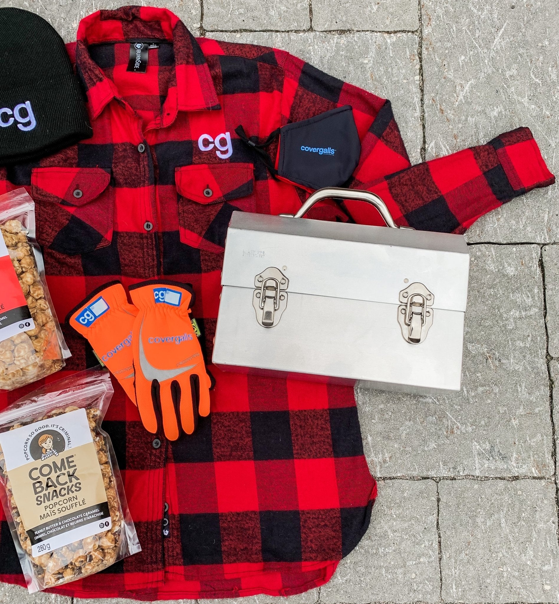 covergalls flannel t shirt and an L. May metal lunchbox with come back snacks