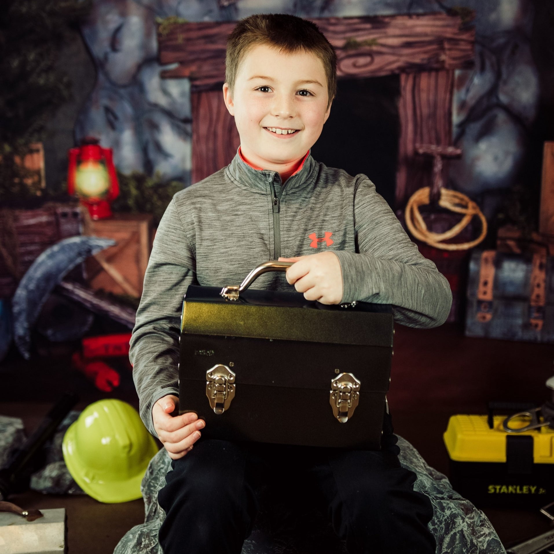 kids in a miner photoshoot campaign carrying an L. May metal lunchbox powder coated in purple, red and bronze 