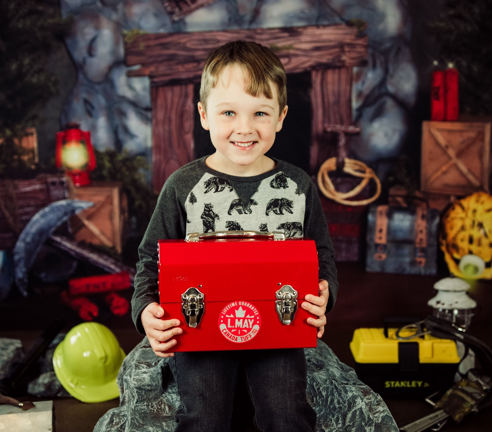 kids in a miner photoshoot campaign carrying an L. May metal lunchbox powder coated in purple, red and bronze 