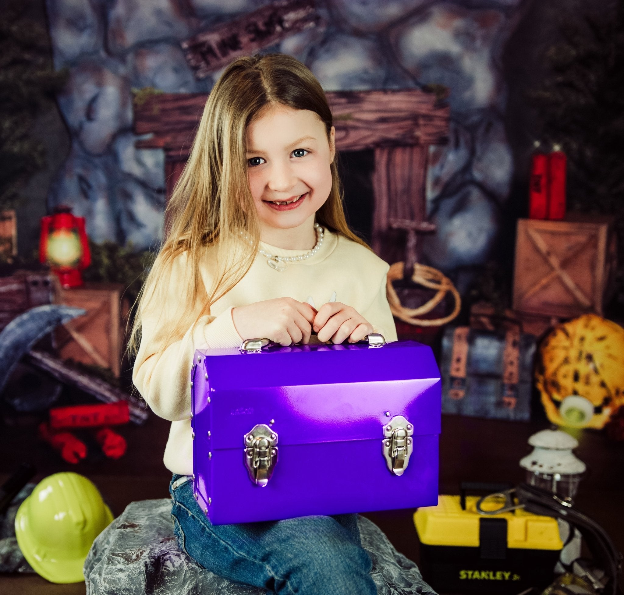 kids in a miner photoshoot campaign carrying an L. May metal lunchbox powder coated in purple, red and bronze 